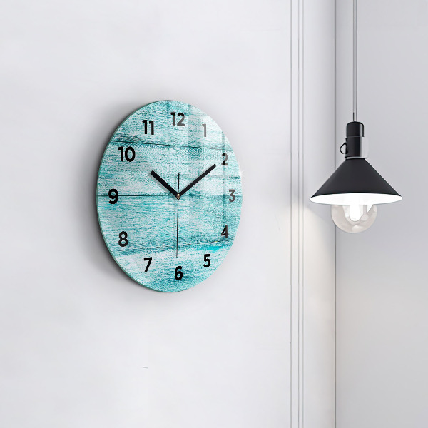Round glass clock Blue old wood