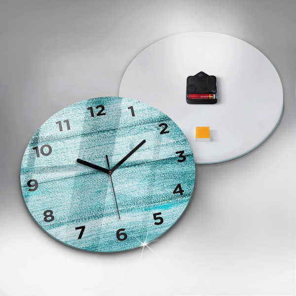 Round glass clock Blue old wood