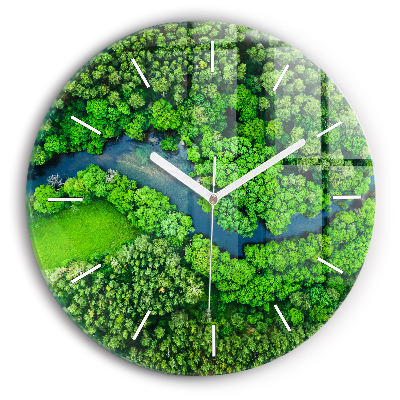 Round glass clock River in the forest