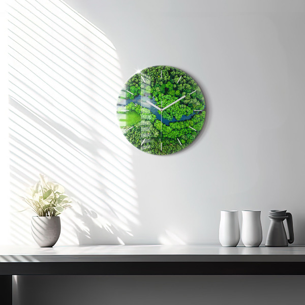 Round glass clock River in the forest