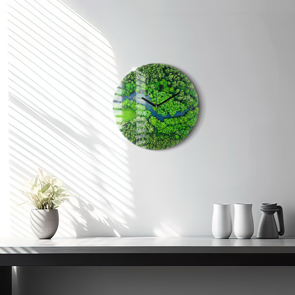 Round glass clock River in the forest