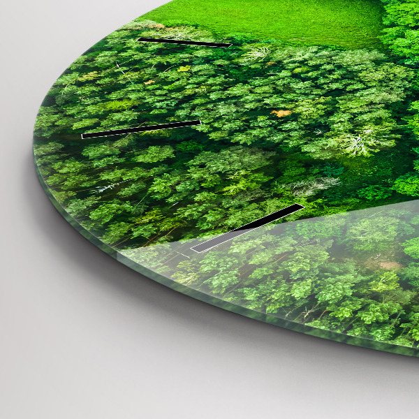 Round glass clock River in the forest