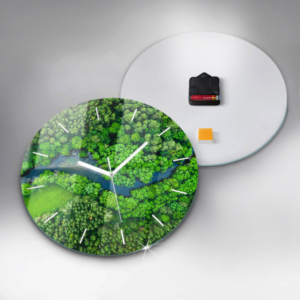 Round glass clock River in the forest