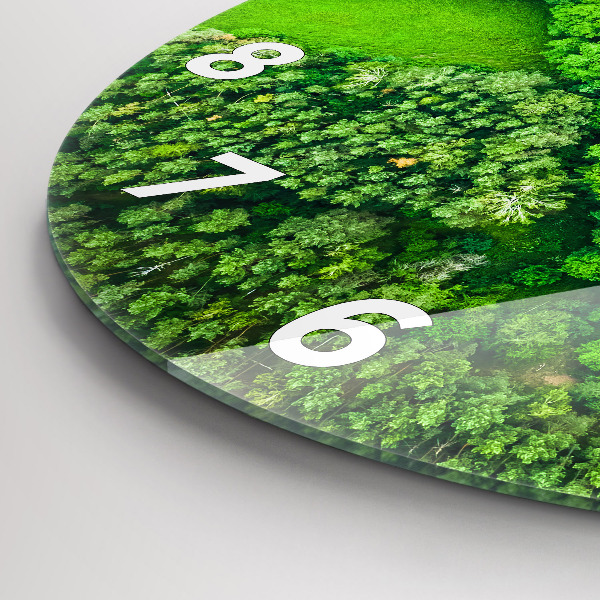Round glass clock River in the forest