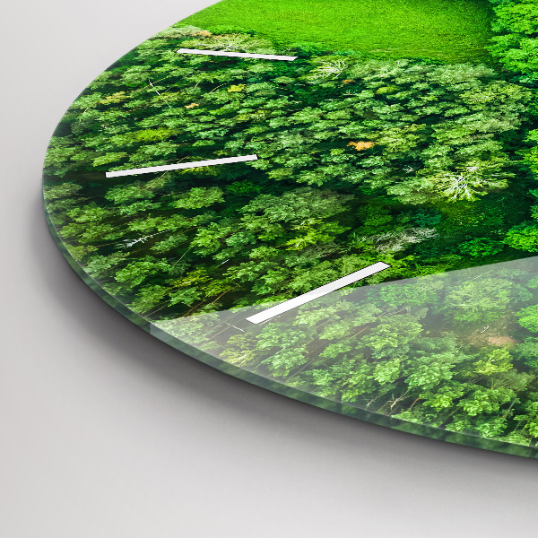 Round glass clock River in the forest