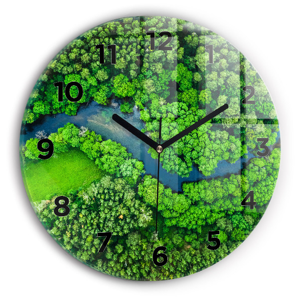 Round glass clock River in the forest