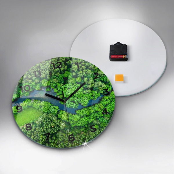 Round glass clock River in the forest