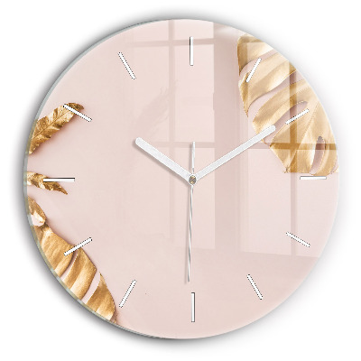 Round glass clock Golden tropical leaves