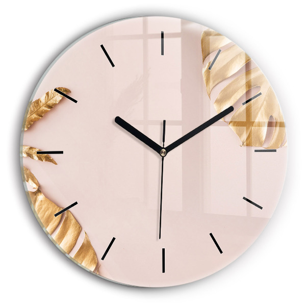 Round glass clock Golden tropical leaves