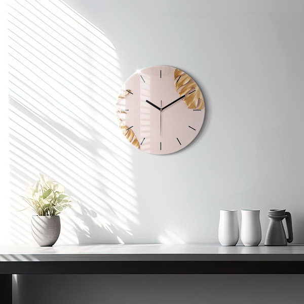 Round glass clock Golden tropical leaves