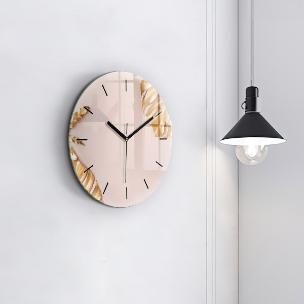 Round glass clock Golden tropical leaves