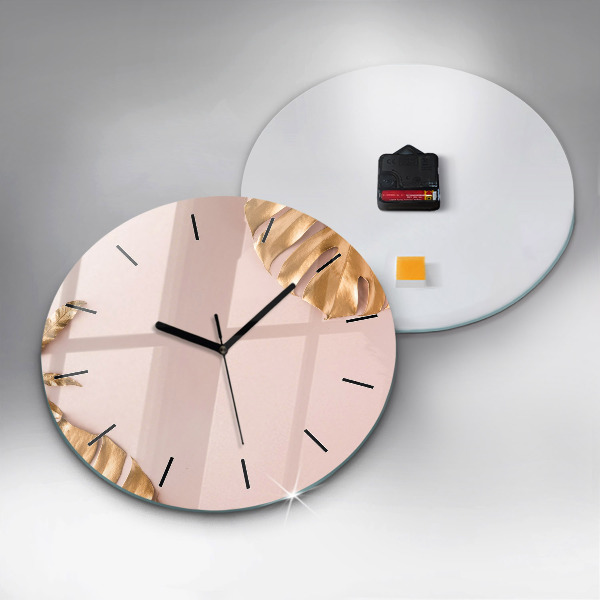 Round glass clock Golden tropical leaves