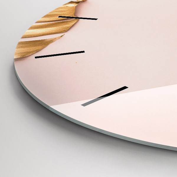 Round glass clock Golden tropical leaves