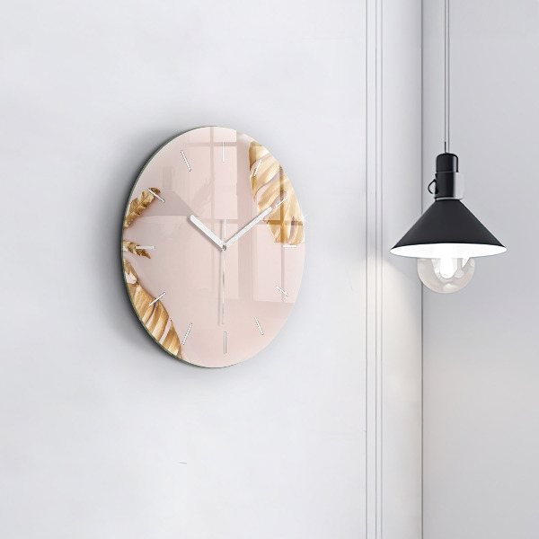 Round glass clock Golden tropical leaves