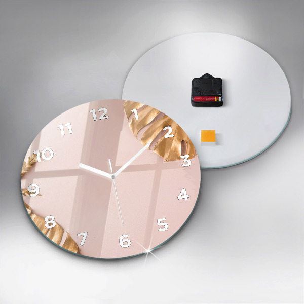 Round glass clock Golden tropical leaves