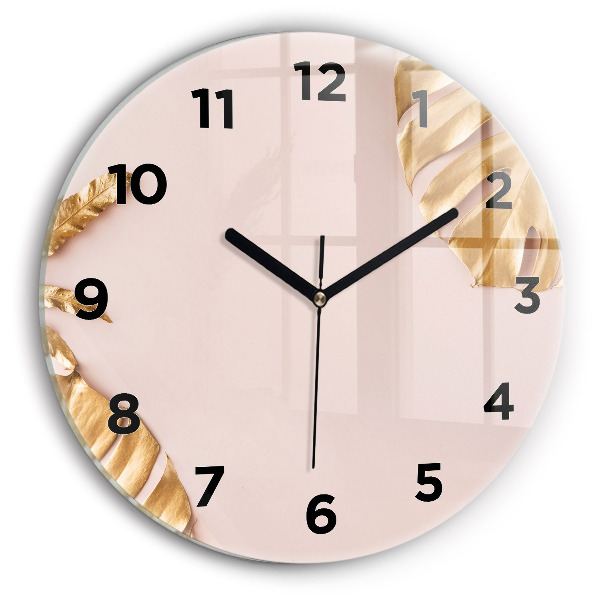 Round glass clock Golden tropical leaves