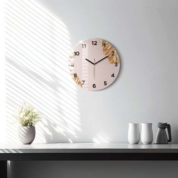 Round glass clock Golden tropical leaves