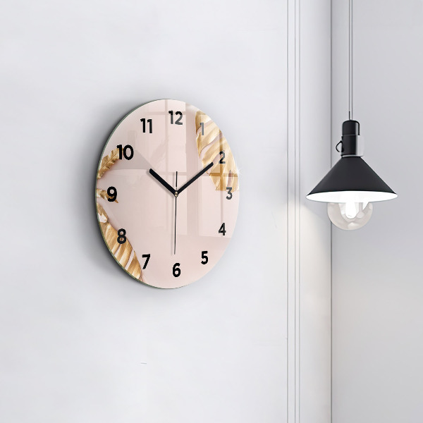 Round glass clock Golden tropical leaves