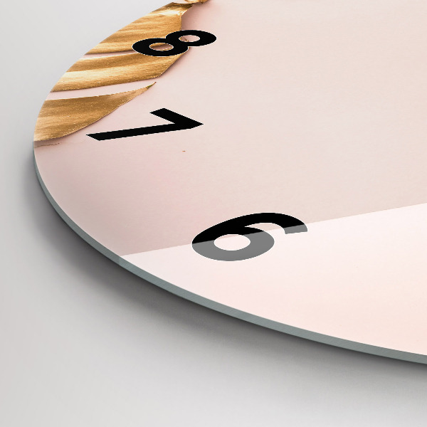 Round glass clock Golden tropical leaves