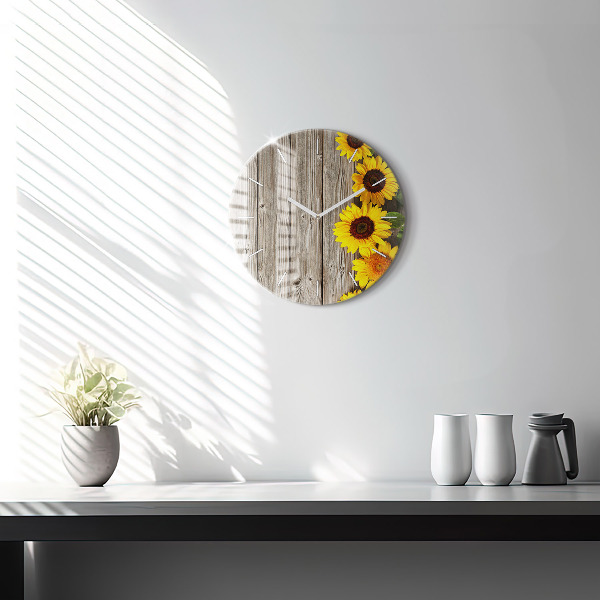 Round glass clock Sunflowers on boards