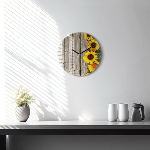 Round glass clock Sunflowers on boards