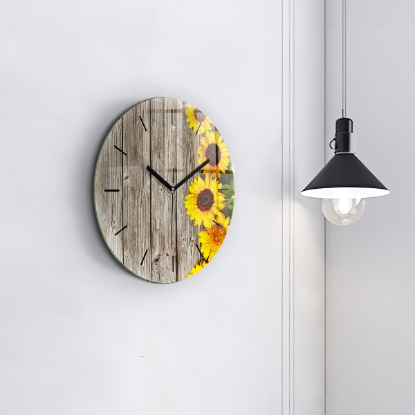 Round glass clock Sunflowers on boards