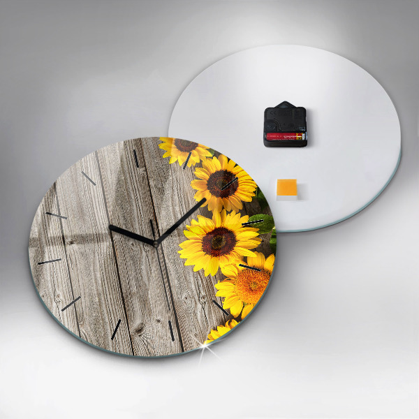 Round glass clock Sunflowers on boards