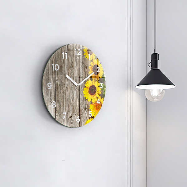Round glass clock Sunflowers on boards