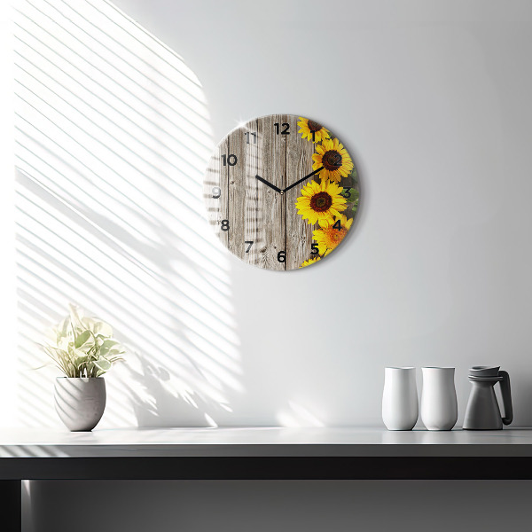 Round glass clock Sunflowers on boards