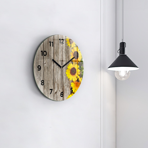 Round glass clock Sunflowers on boards
