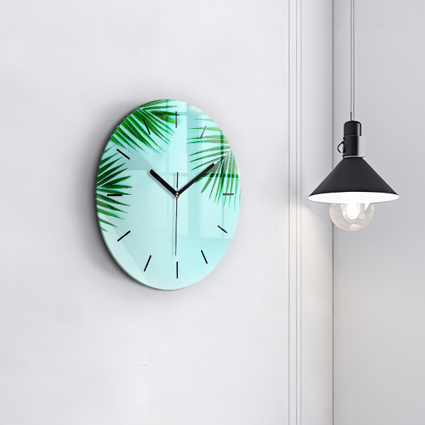 Round glass clock Green palm trees