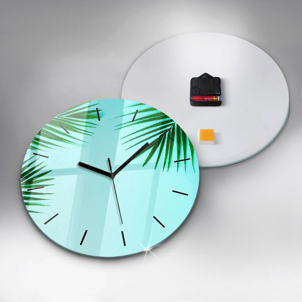 Round glass clock Green palm trees