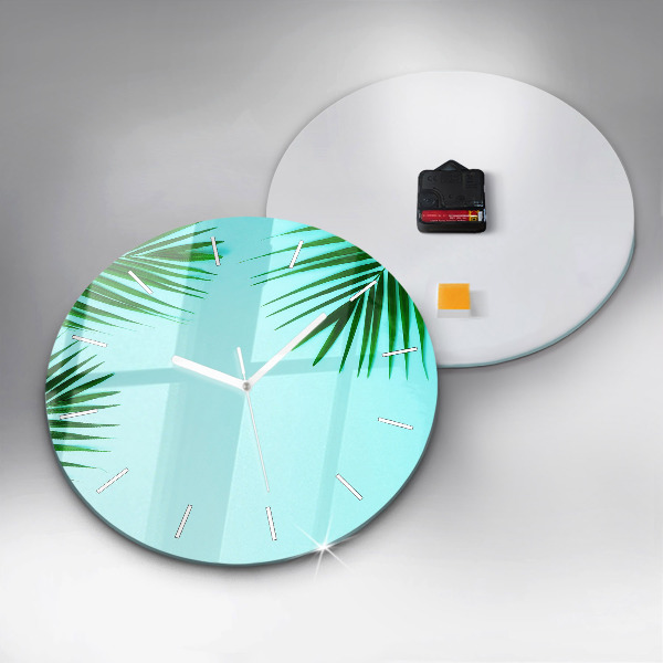 Round glass clock Green palm trees