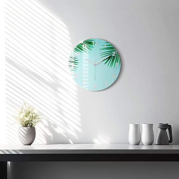 Round glass clock Green palm trees