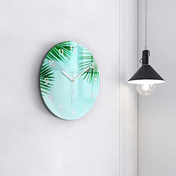 Round glass clock Green palm trees
