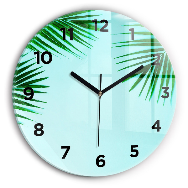 Round glass clock Green palm trees