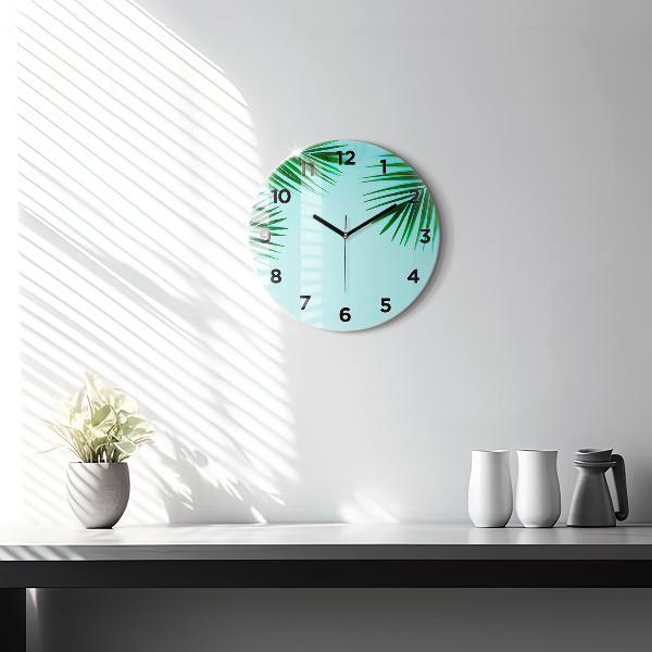 Round glass clock Green palm trees