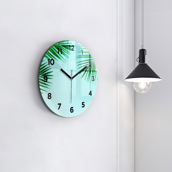 Round glass clock Green palm trees