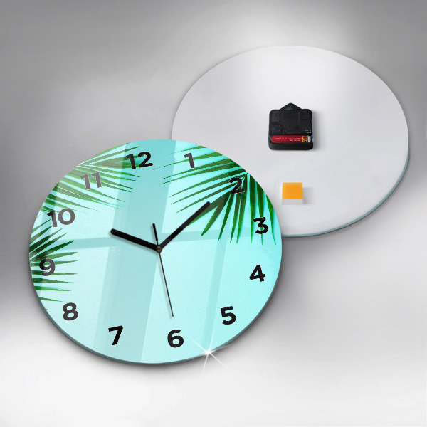 Round glass clock Green palm trees