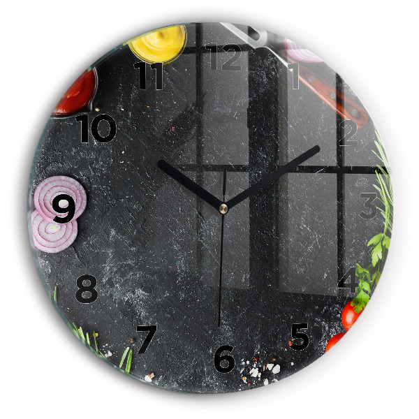 Round glass clock Vegetables on the table