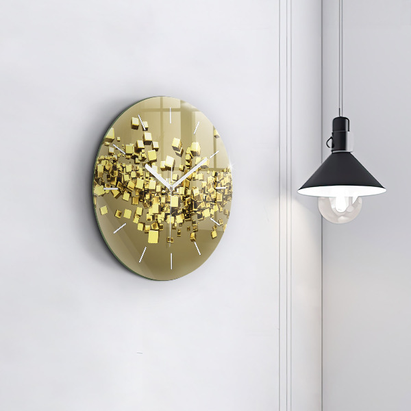 Round glass clock Golden squares
