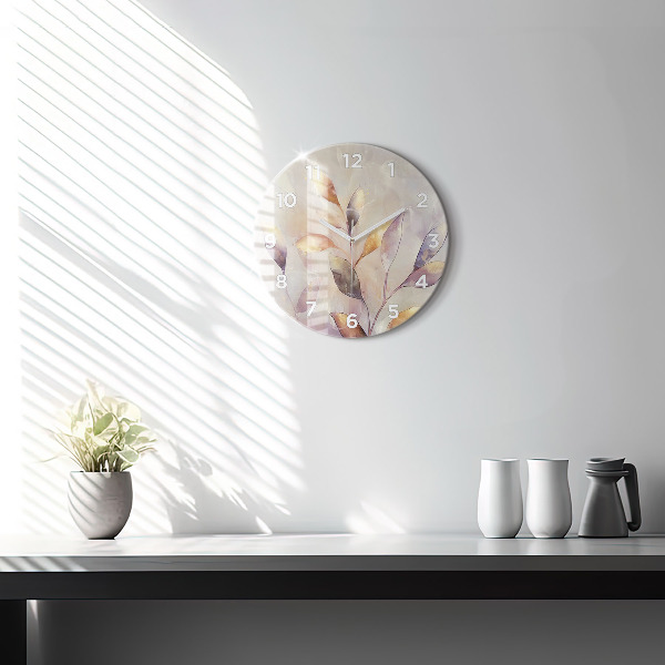 Round glass clock Abstract boho leaves