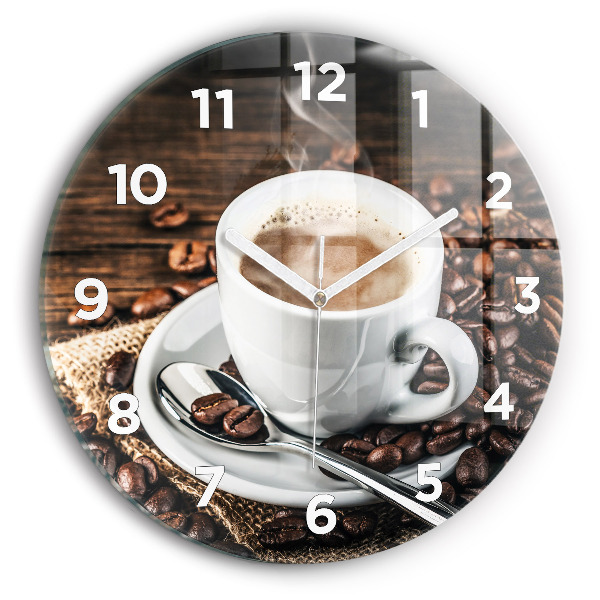 Round glass clock Cup and coffee beans