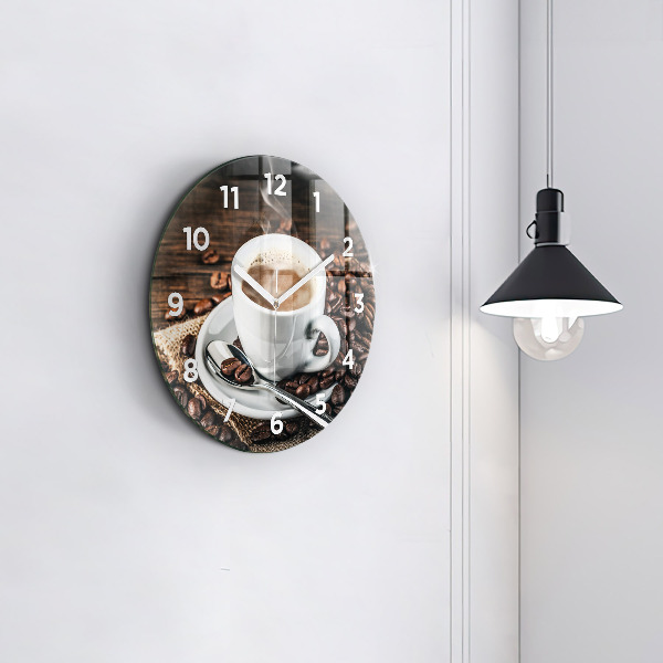 Round glass clock Cup and coffee beans