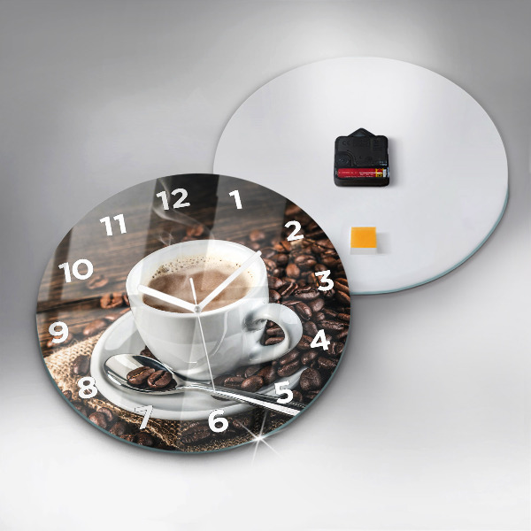Round glass clock Cup and coffee beans