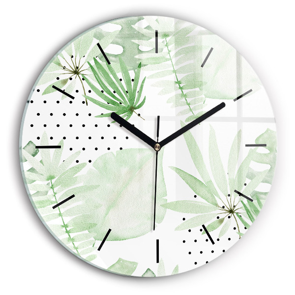 Round glass clock Green leaves