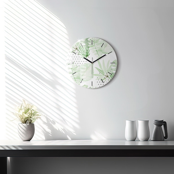 Round glass clock Green leaves