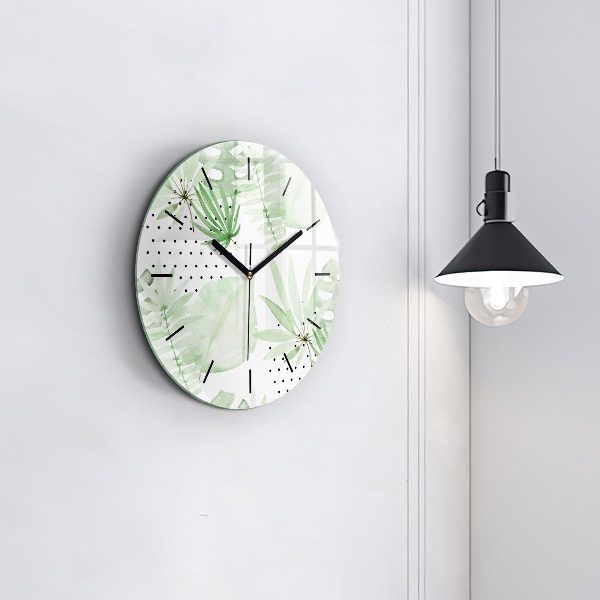 Round glass clock Green leaves