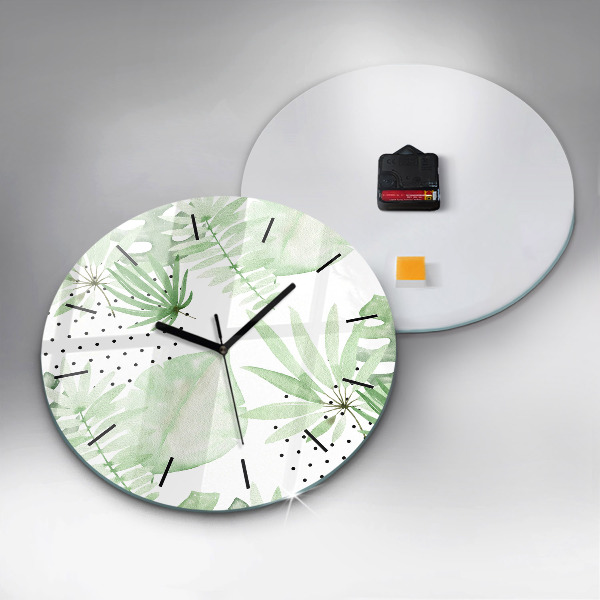 Round glass clock Green leaves