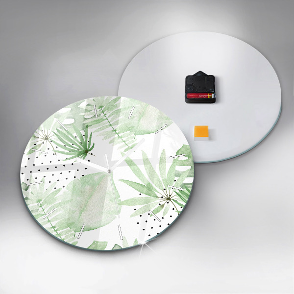 Round glass clock Green leaves